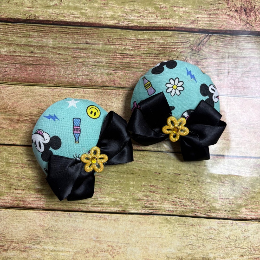 Handmade Minnie Mouse Ear Hair Clips Aqua Retro Mickey Print Black Bows